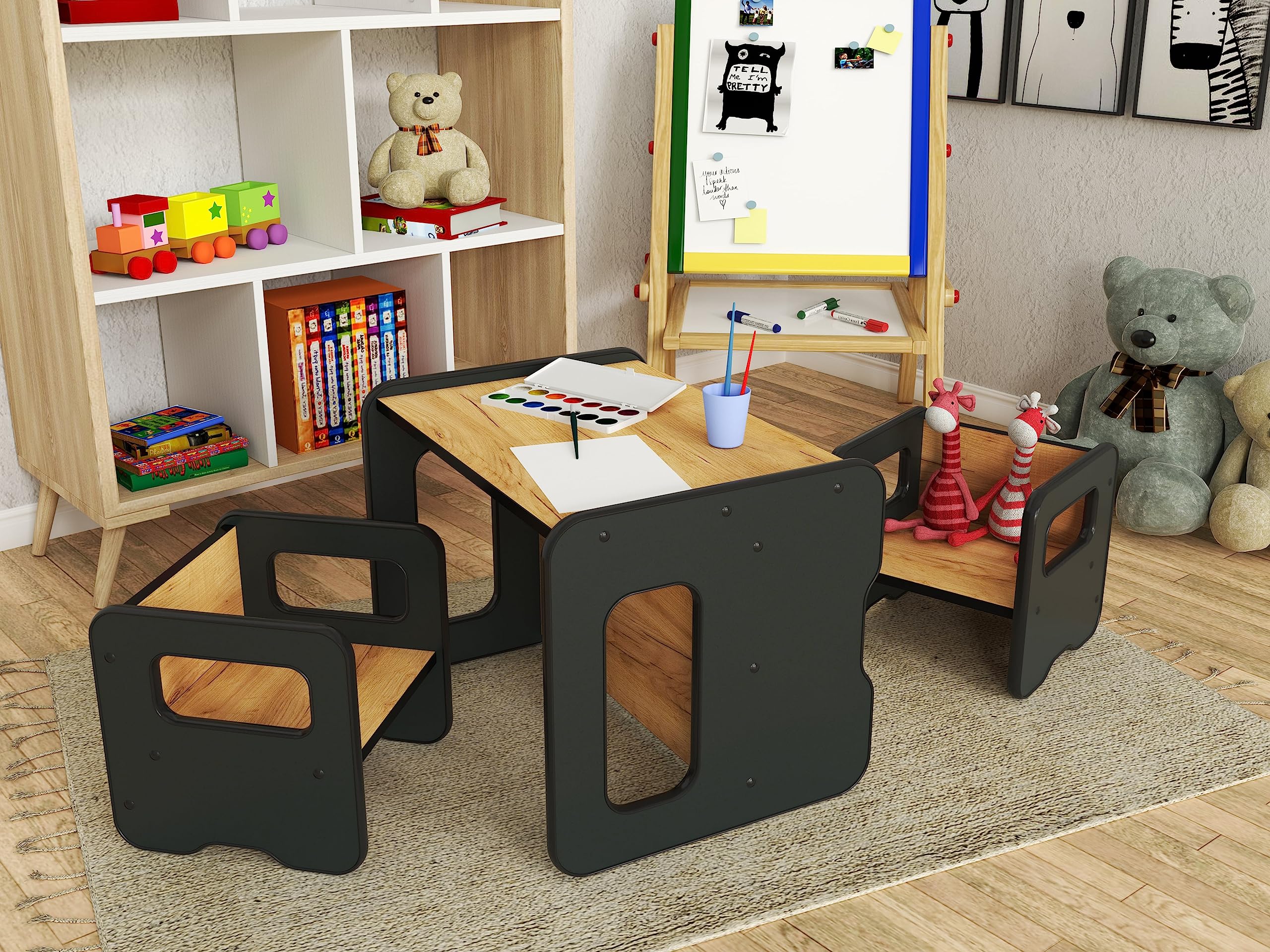 defiPad Banc en Bois évolutif pour Enfants - Modulable en Table et siège - 2 hauteurs d'assise - Élément de mobilier pour Aire de Jeux (Noir + Chêne)