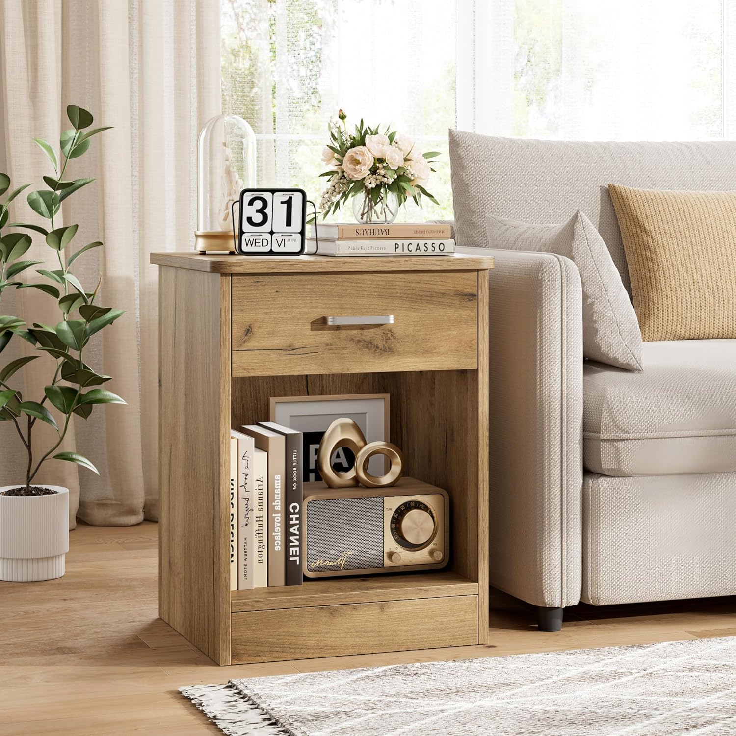 FOTOSOK Nightstand Set of 2, Wood Night Stand Side Table with Drawer and Storage Shelf, Bedside Table End Table, Night Stand for Bedroom, Home Office,Wooden Grain