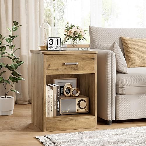 Miniatura 7 de FOTOSOK Juego de 2 mesitas de noche, mesa auxiliar de 2 niveles con cajón y estante de almacenamiento, mesa auxiliar de mesita de noche, mesita de