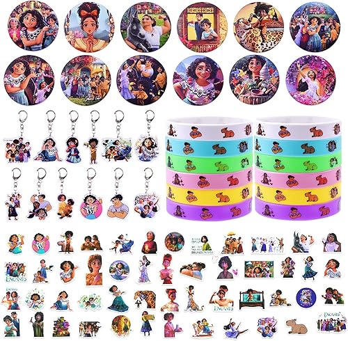 IKENAU Encanto - Juego de regalo para fiestas, 86 suministros para fiesta de cumpleaños con Encanto incluye 12 pulseras, 12 llaveros, 12 pines de