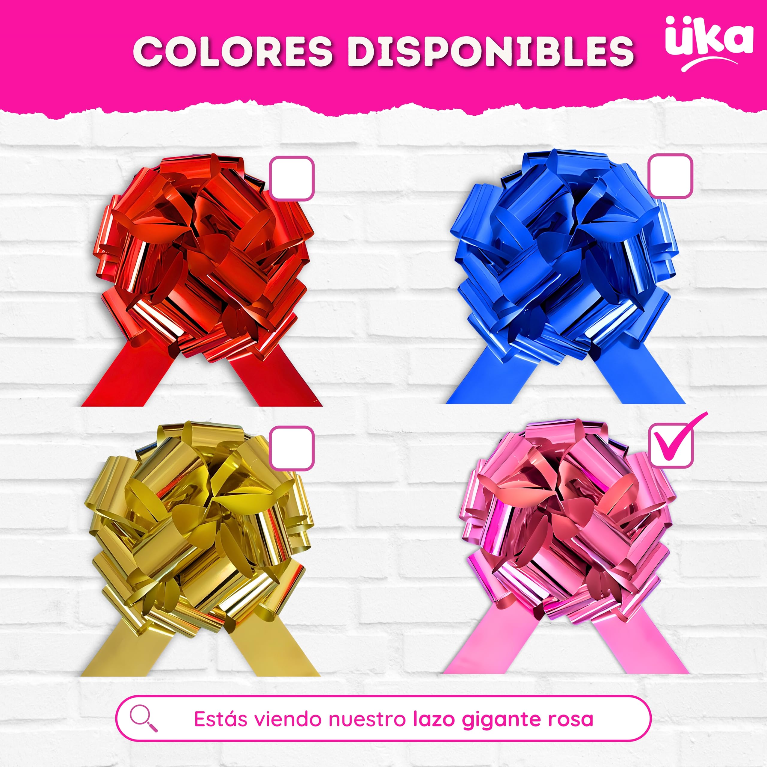 Üka • Lazo de Regalo Gigante. Diámetro de 40 cm. Lazo Grande para Regalo en Rosa Metalizado. Lazo de Regalo XXL para Coche, Bicicleta y Moto. Montaje Fácil y Reutilizable.