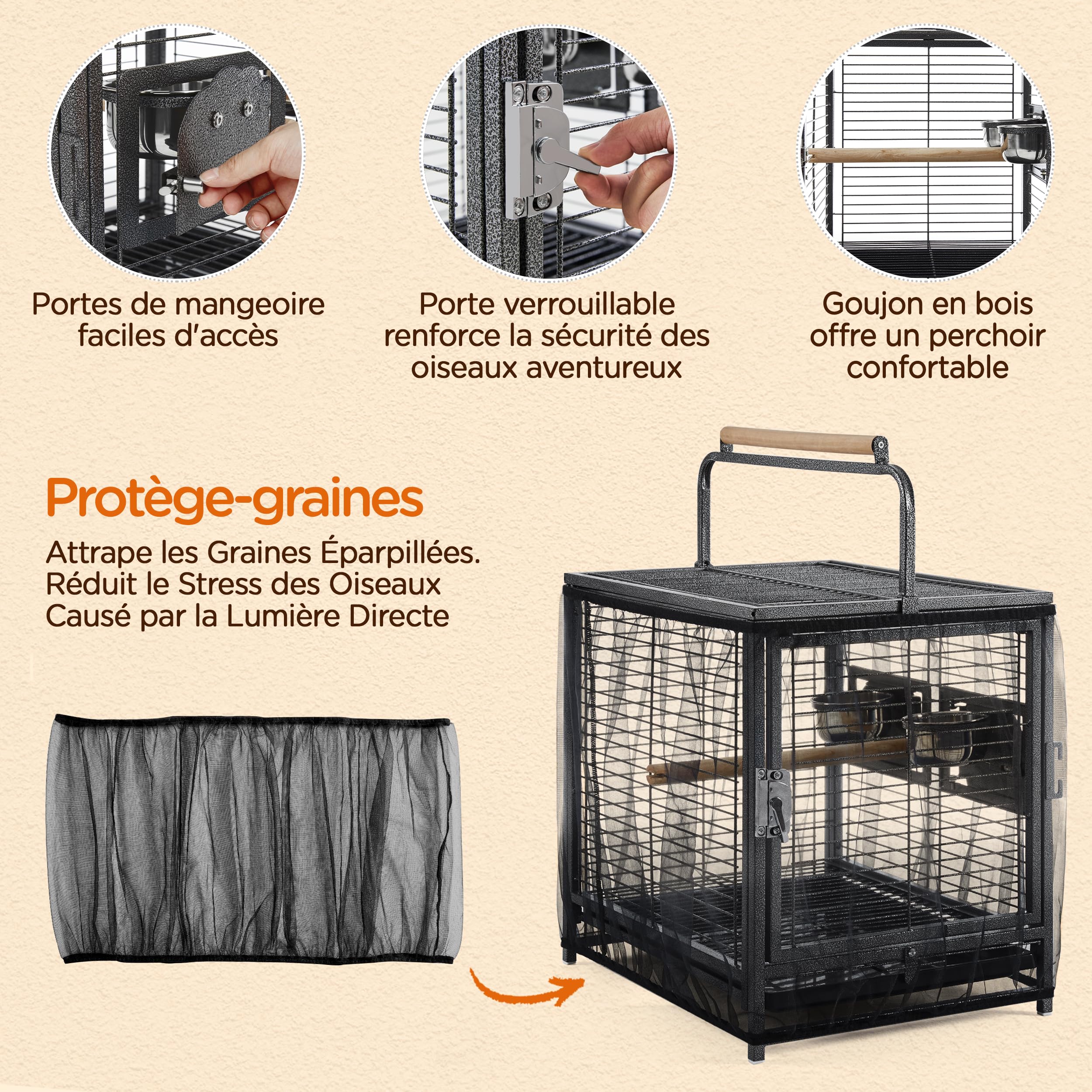 Yaheetech Cage à Oiseaux avec Jouets Poignée Cage pour Petit Oiseau Noir 48,5 x 47,5 x 39cm