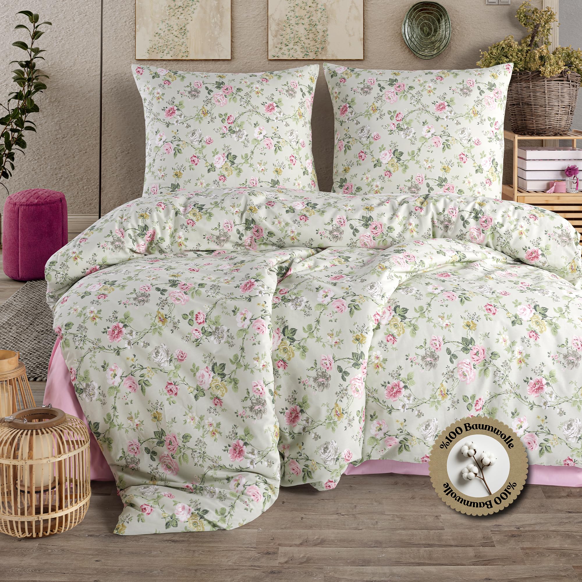nordqueen Renforce Bettwäsche, 200x220 cm 100% Baumwolle Bettbezug aus Atmungsaktive, Angenehme Schlafkomfort,Winter Bettwäsche-Set mit Kissenbezug Bettbezug mit Reißverschlus (Elara, 200x220 cm)