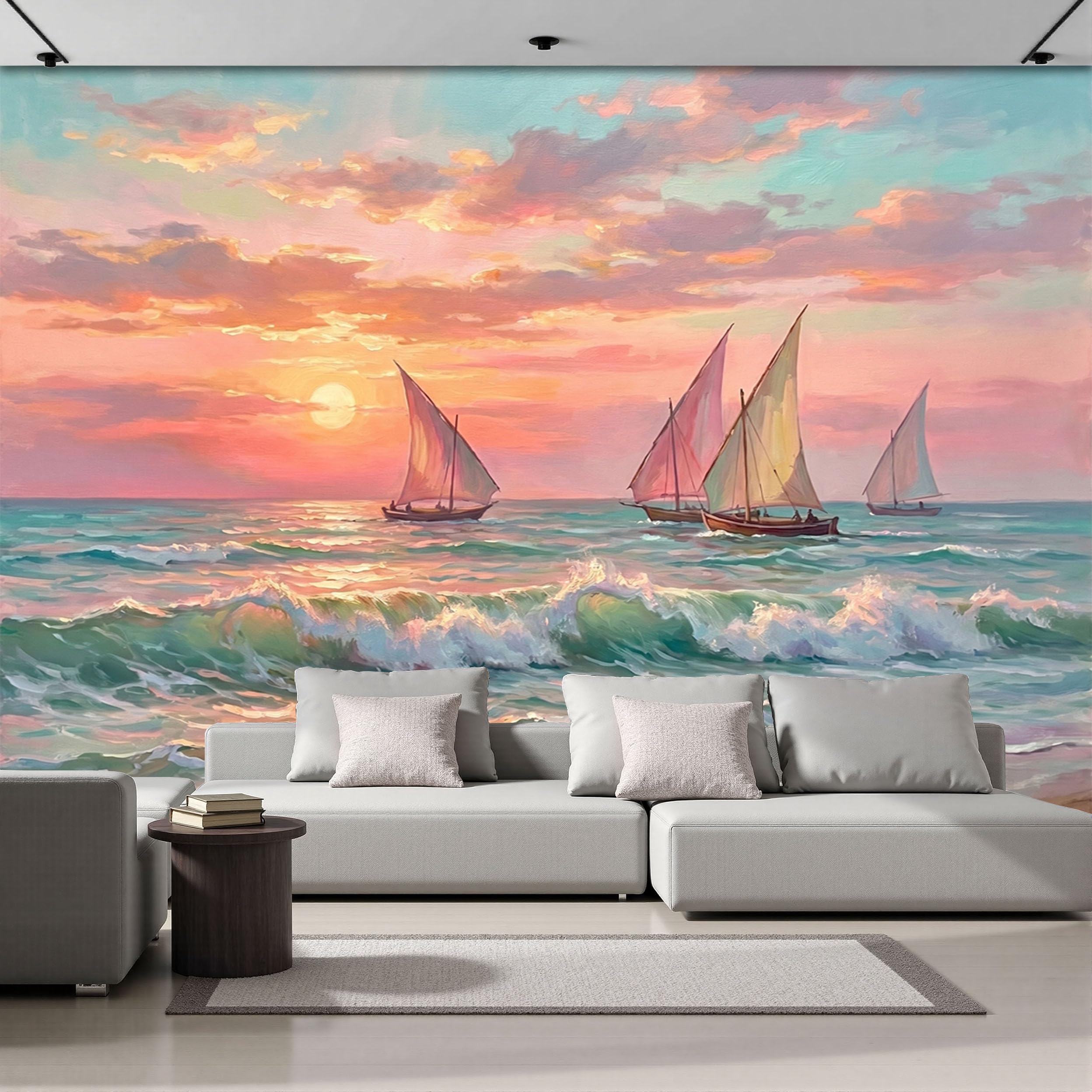 Déco murale maison coucher de soleil en mer : papier peint panoramique grand format