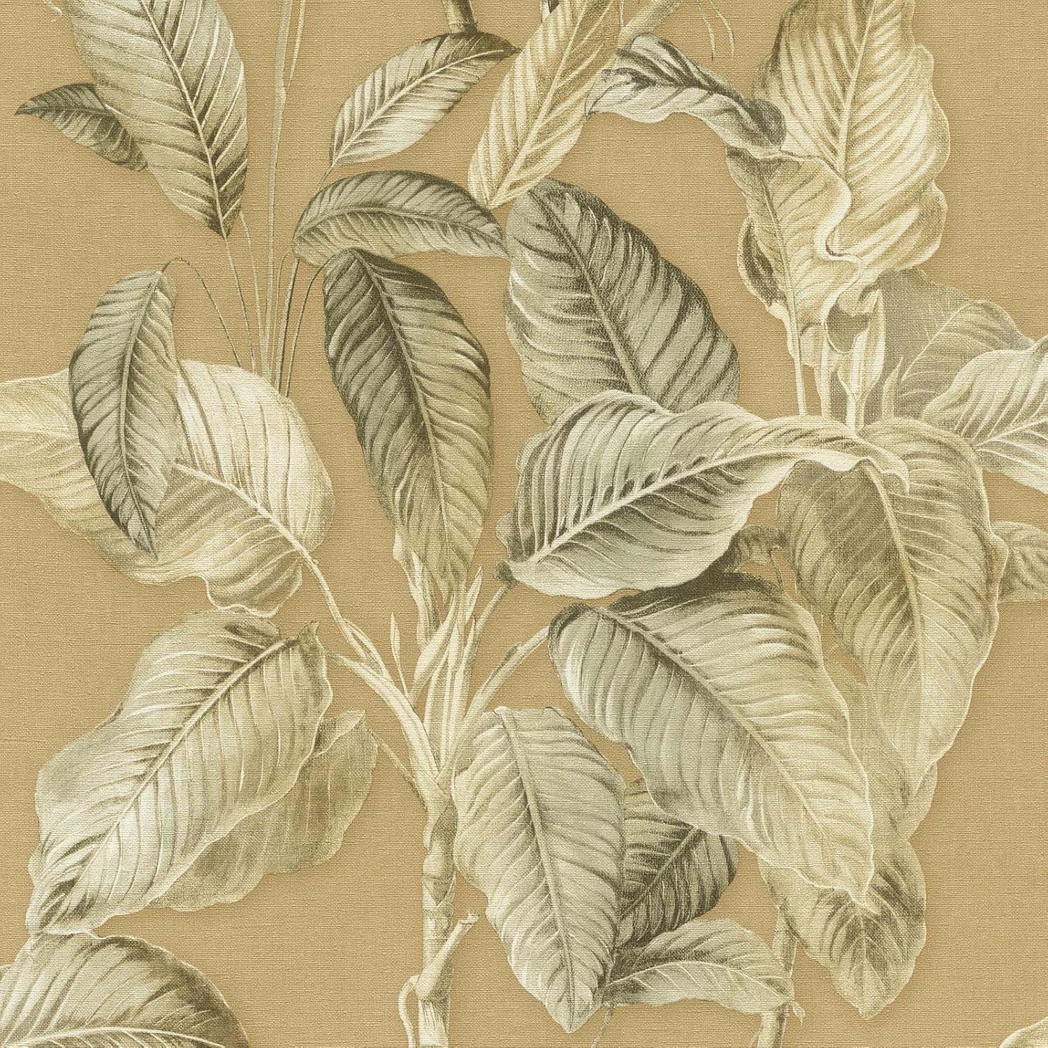 Rasch Boho Palm Leaf Textured Fabric Effect Vinyl Wallpaper Perfect for Bedrooms Living Rooms or Stunning Feature Walls in Mustard 571479
