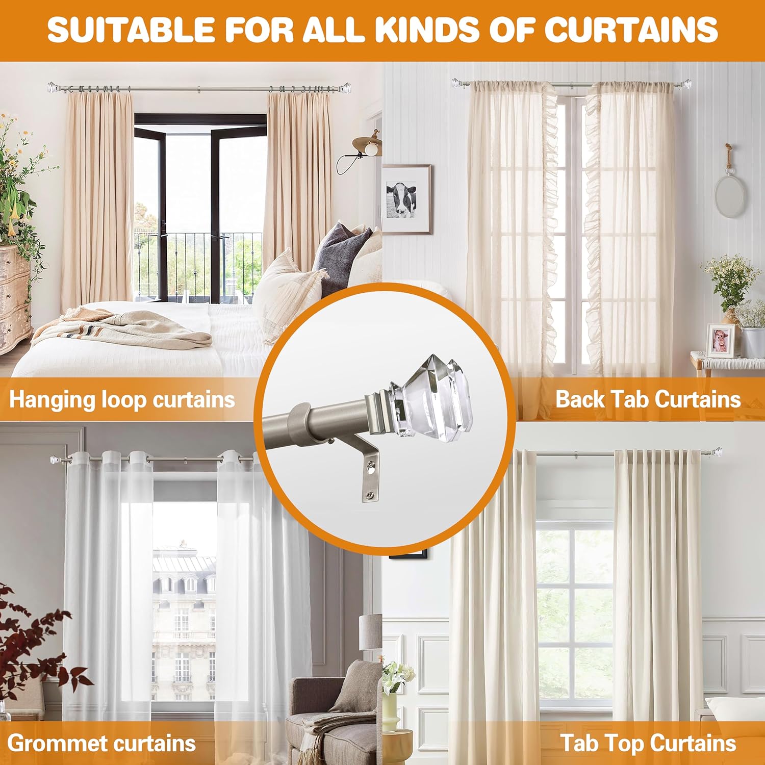 Exquisite pewter nickel 46-148Inch Adjustable 1in Steel Curtain Rod with Acrylic square Finials. Crystals diamond, Easy to Install, Suitable for Bedroom and Living Room kitchen and hotel