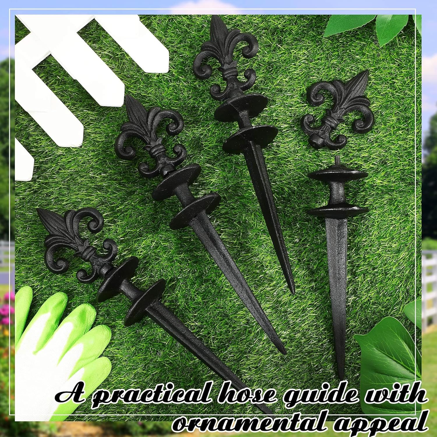 4 Pcs Antique Garden Hose Guide Spike, 13.7" Fleur De Lis Decorative Cast Iron Finial Stakes Heavy Duty Metal Plant Saver Tools Outdoor Hose Protection for Lawn Yard Patio(Black,Single Style)
