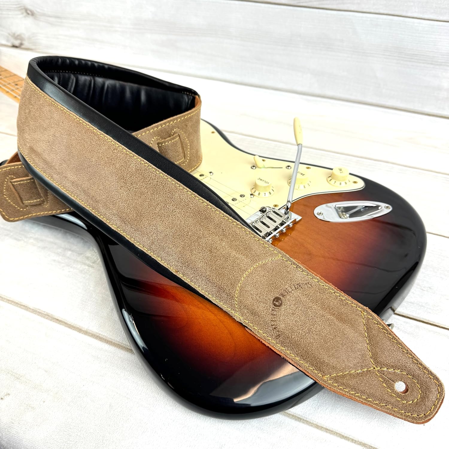 Walker & Williams C-22-DBRN Distressed Brown Finish Premium Signature Grain Leather Strap 3" Wide With Double Padding For Acoustic, Electric, And Bass Guitars