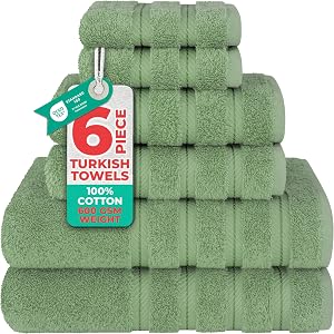 American Soft Linen 6 Piece Towel Set, 2 Bath Towels 2 Hand Towels 2 Washcloths, 100% Turkish Cotton Towels for Bathroom, Sage Green Towel Sets