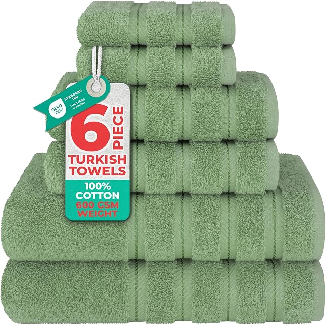American Soft Linen 6 Ensemble de serviettes en pièces, 2 Serviettes de bain 2 Serviettes à main 2 Vaisselle, 100% Serviettes turques en coton pour salle de bain, ensembles de serviettes vertes