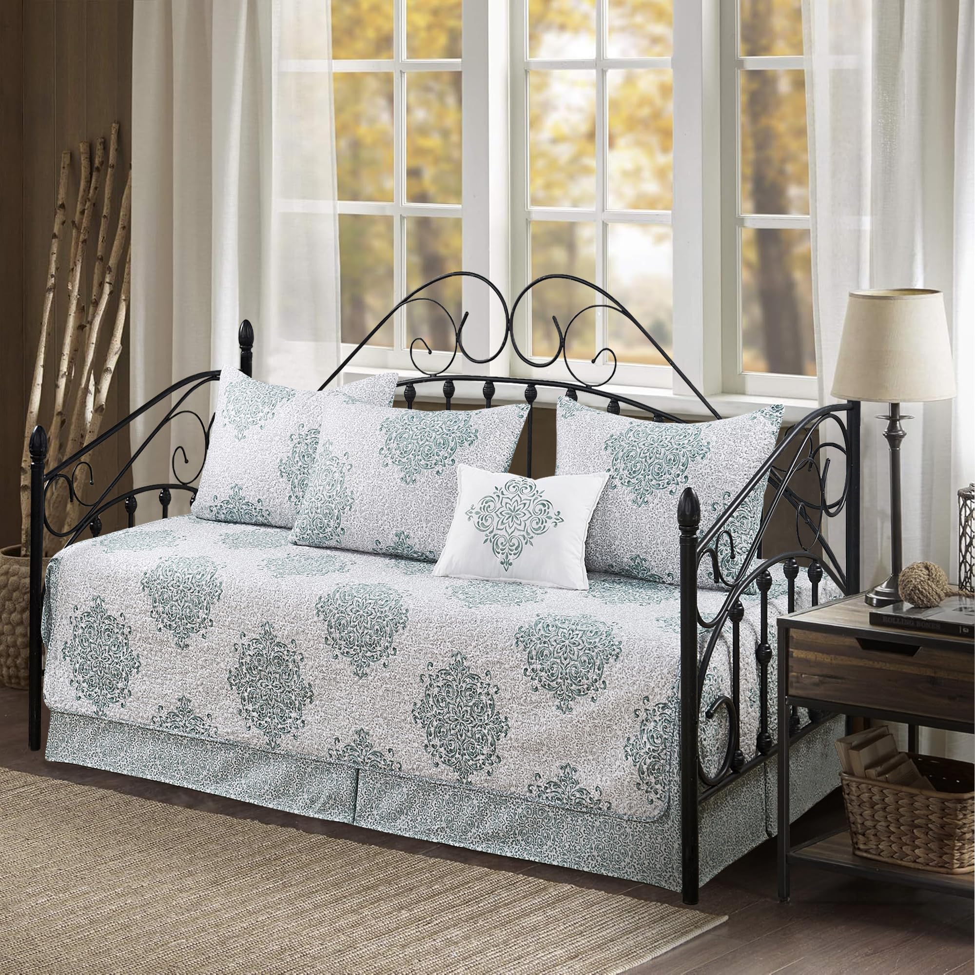 6 Piece Reversible Microfiber Medallion Printed Daybed Cover Set, All Season Luxury Bedding with Bedskirt, Matching Shams, Decorative Pillow, 75"x39", Teal Blue
