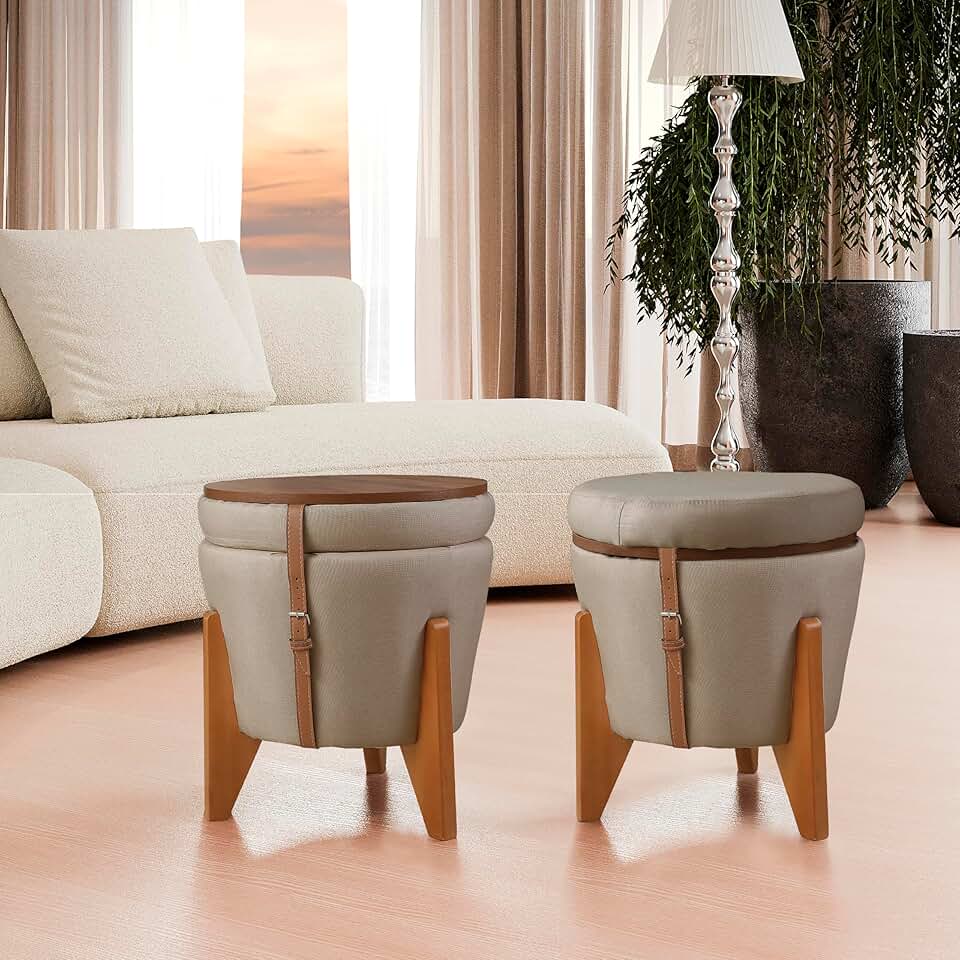 Puff Multiuso Luxo Assento Sala TV 3 em 1 Baú e Mesa de Centro (Bege)