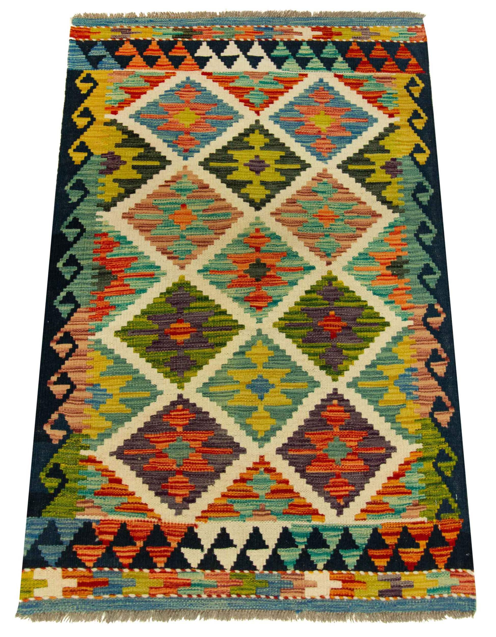 Kilim Tapis 100 % laine 125 x 80 cm, fait à la main, pièce unique de style Herat Boho multicolore, tissage plat, tapis d'entrée et chambre