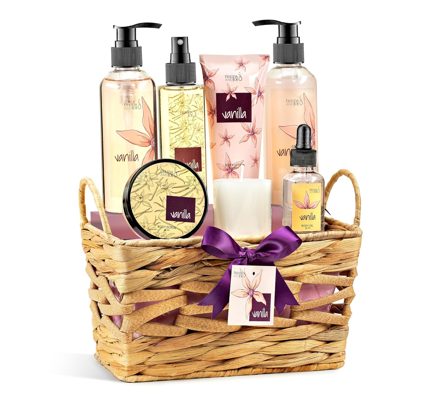 Vanilla Spa Gift Basket for Women – Mother’s Day Bath & Body Gift Set with Shower Gel, Bubble Bath, Body Lotion, Body Mist, Body Oil & Candle – Self Care Gift in Wicker Basket