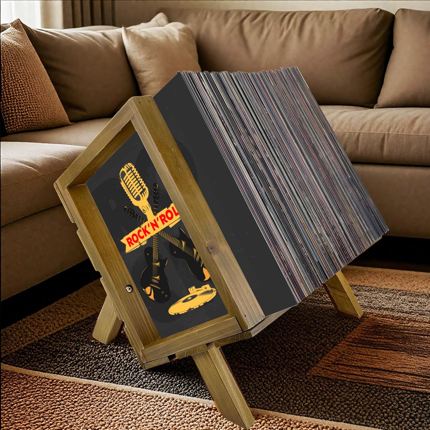 Rustic Wooden Vinyl Record Holder, 60-80 LP Record Storage Rack, Solid Wood Crate for Magazine, Book, Files, Albums, Wooden Vinyl Stand (Brown)