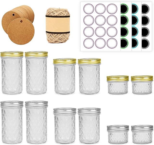 TRIENCY Mason Jar with Lids (Set of 12 - 120/240/360ml) for Preservation, Pickling, Jam, Overnight Oats, Smoothie, Beverage - Glass Jars with Screw Lids, Kraft Tags, Jute Twine for Decoration & DIY