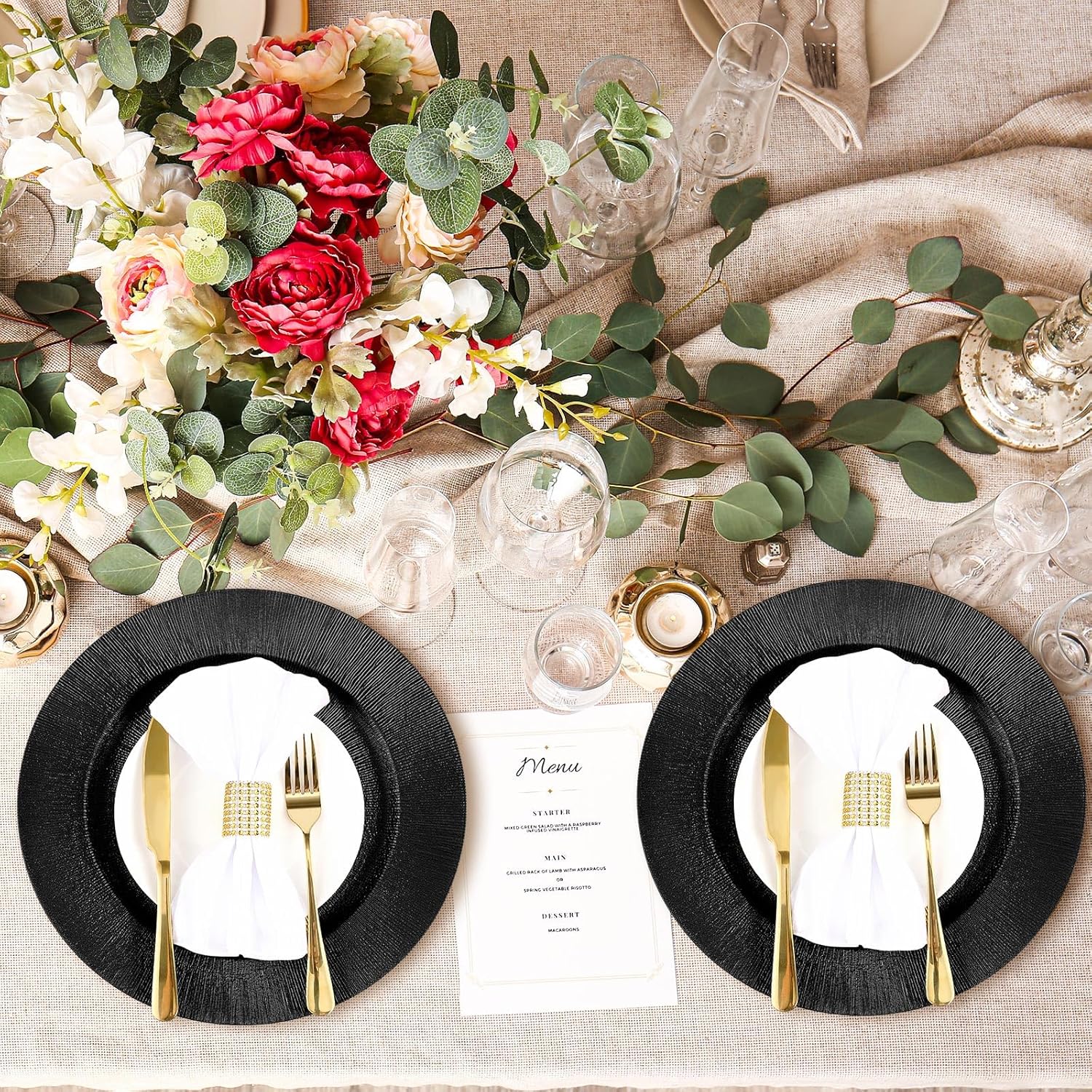 Tanlade 100 Pcs Charger Plates Bulk, 13 Inch Plastic Round Charger Dinner Plates Elegant Wedding Serving Plate for Event Tabletop Wedding Party Bridal Baby Shower Decor (Black)