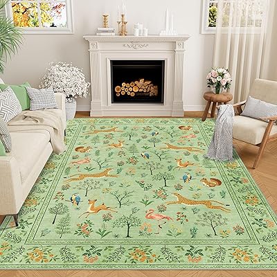 DUKINO 6x9 Rug, Washable Animal Living Room Rug with Non Slip Vintage Design, Soft Low Pile Large Carpet for Bedroom, Nursery, Dining Room, Farmhouse, Playroom, Light Green
