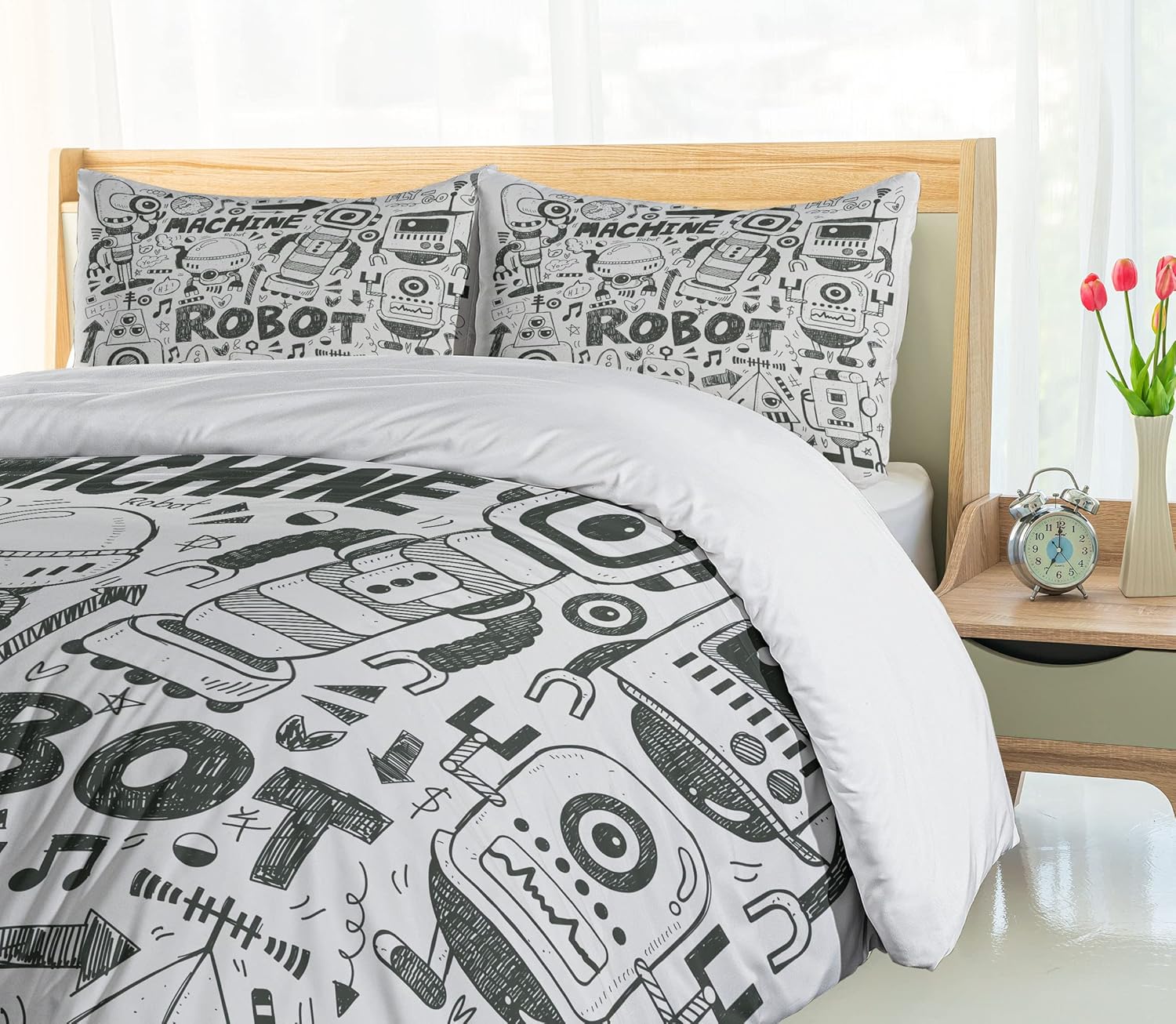 Ambesonne Robot Duvet Cover Set, Futuristic Space Doodle Style Androids Sci Fi Pattern Fantasy Machine Art Print, Decorative 3 Piece Bedding Set with 2 Pillow Shams, Queen Size, Grey Pale Grey