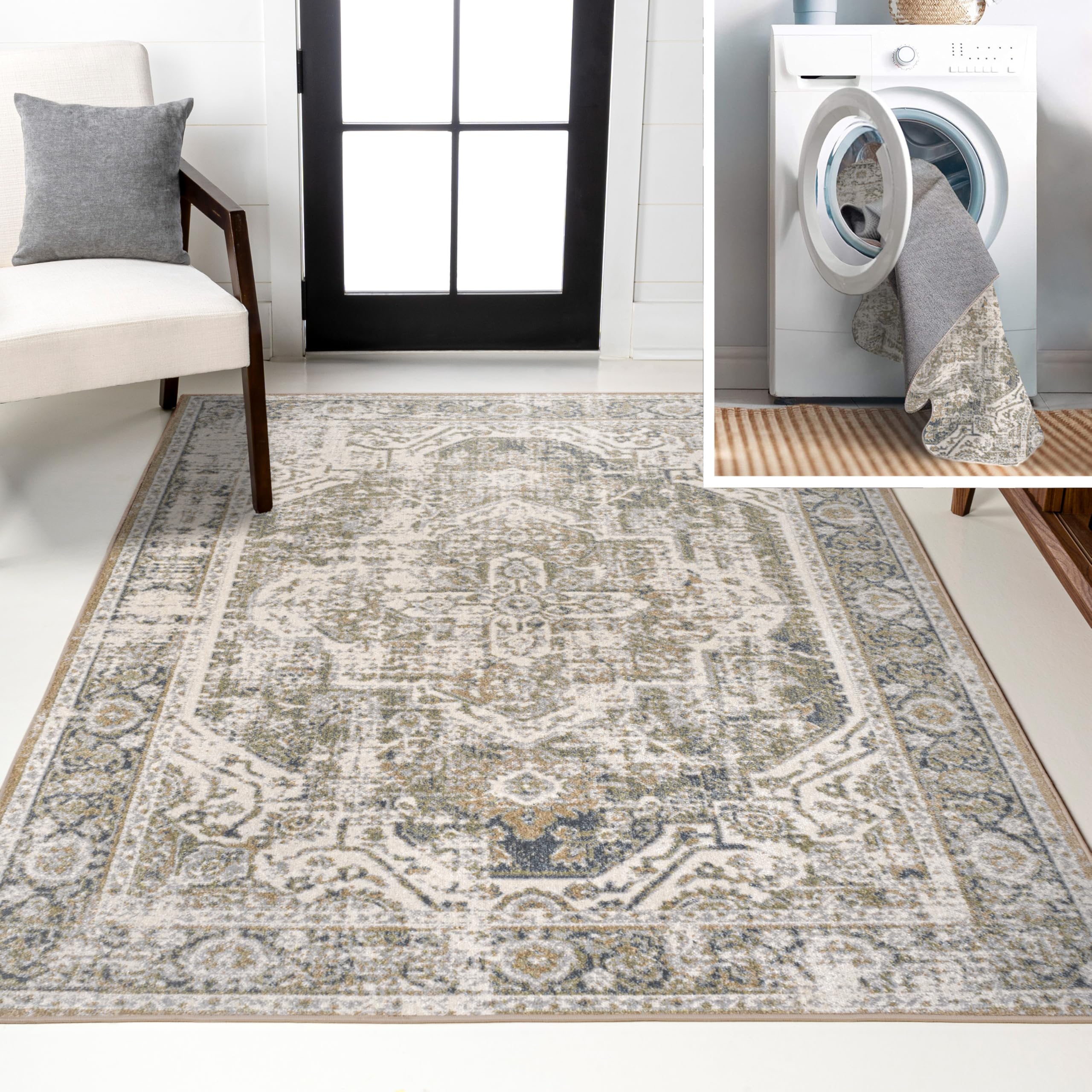 JONATHAN Y Machine Washable Green/Cream Indoor Area Rug 8X10 ft, Keesha Bold Distressed Medallion Low-Pile for Living Room, Bedroom, Kitchen,