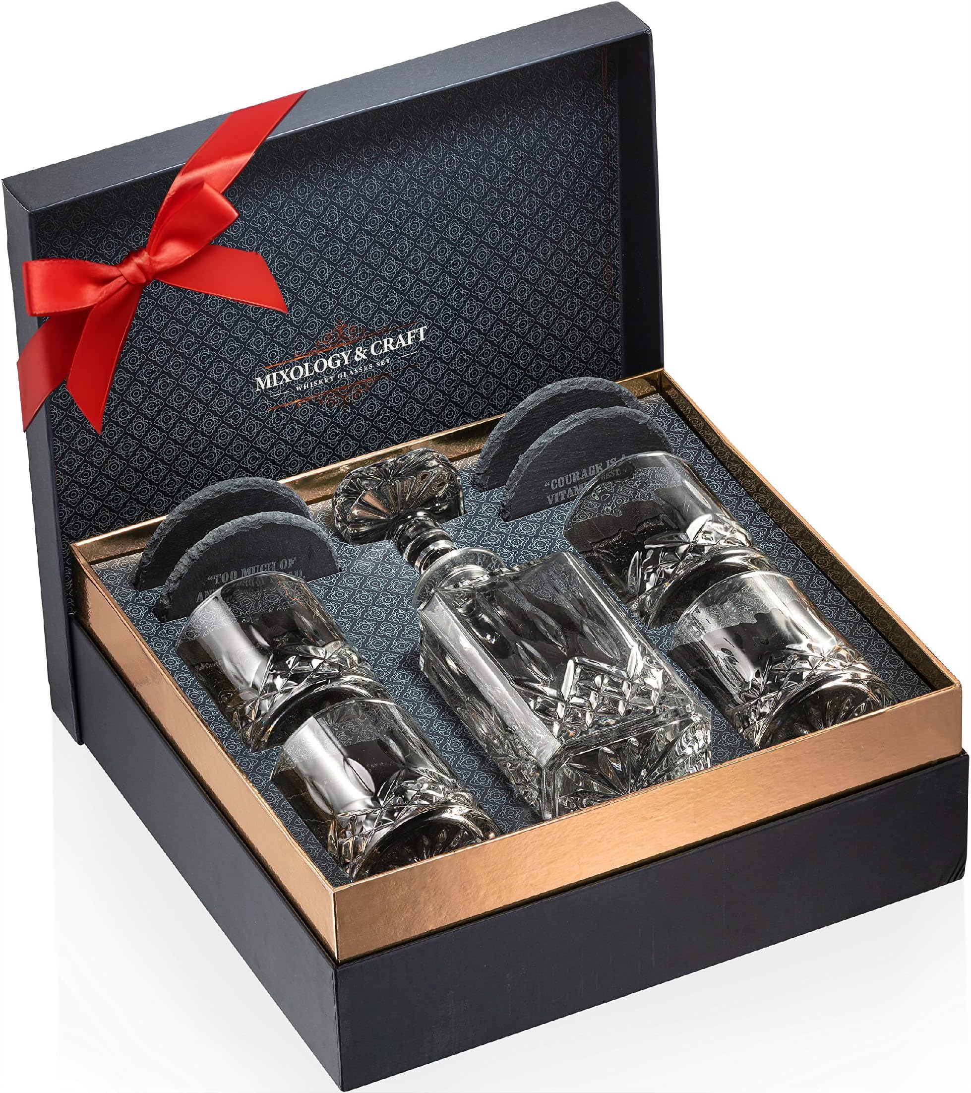 Mixology & Craft Luxury Whiskey Decanter Gift Set - 25oz Crystal Decanter, 4 Old-Fashioned Glasses, 4 Slate Coasters with Diamond Pattern Premium Black Gift Box