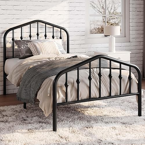 Miniatura 3 de SHA CERLIN Marco de cama de plataforma de metal tamaño individual con cabeceroestribo de hierro forjado estilo victoriano, no requiere somier, color