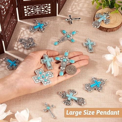 Miniatura 7 de Pandahall - 14 dijes de cruz de piedra turquesa, estilo tibetano, turquesa, gran colgante, aleación, religión, cruz, joyería de turquesa occidental