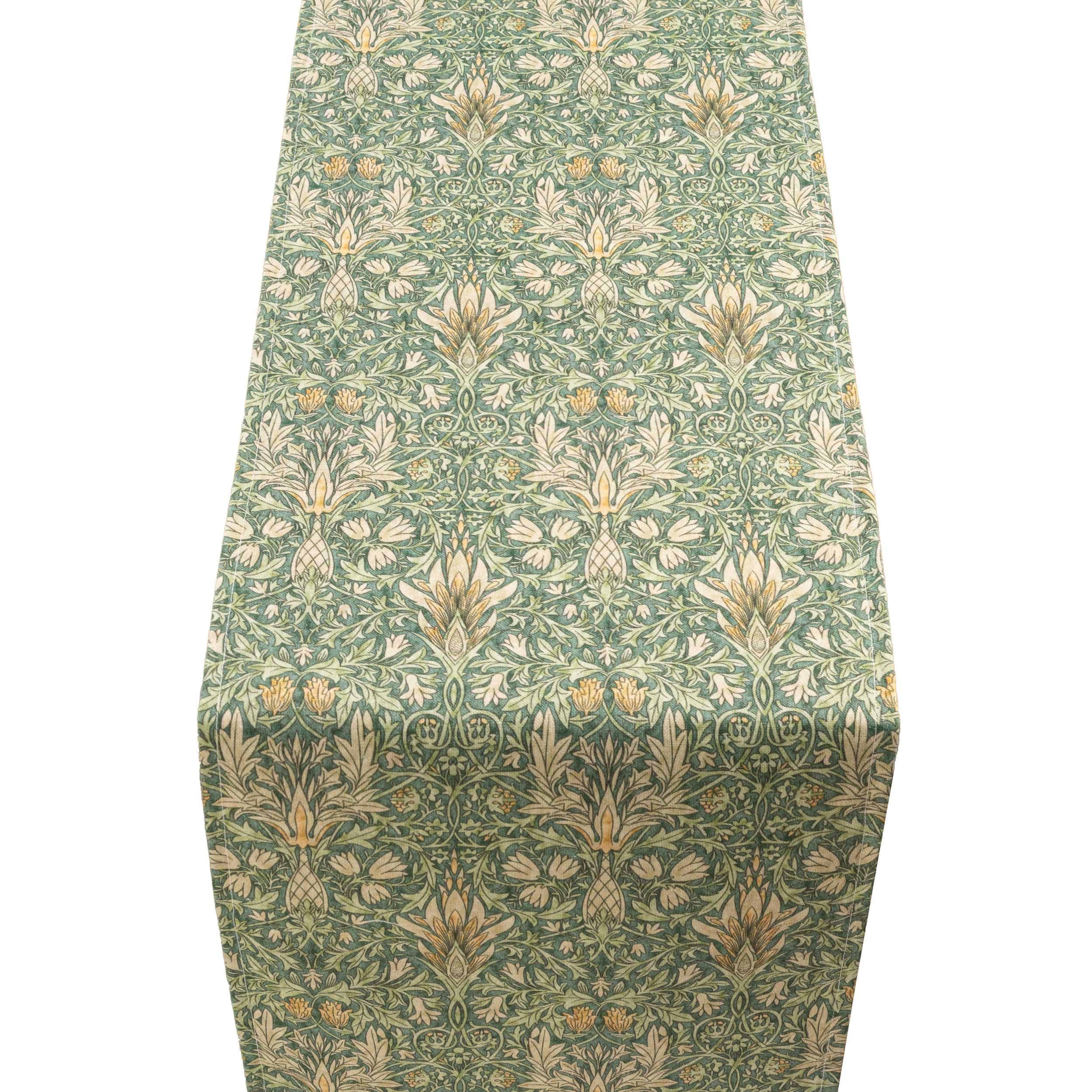 William Morris Snakeshead Table Runner in Green. Classic Arts and Crafts Botanical and Floral Design. Available in Three Sizes (30cm x 230cm)