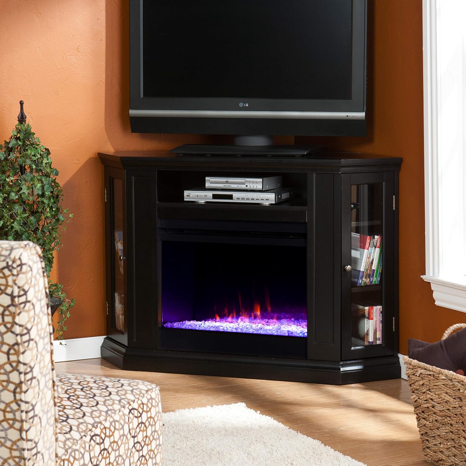 SEI Furniture Claremont Convertible Color Changing Electric Storage Corner Fireplace, Black