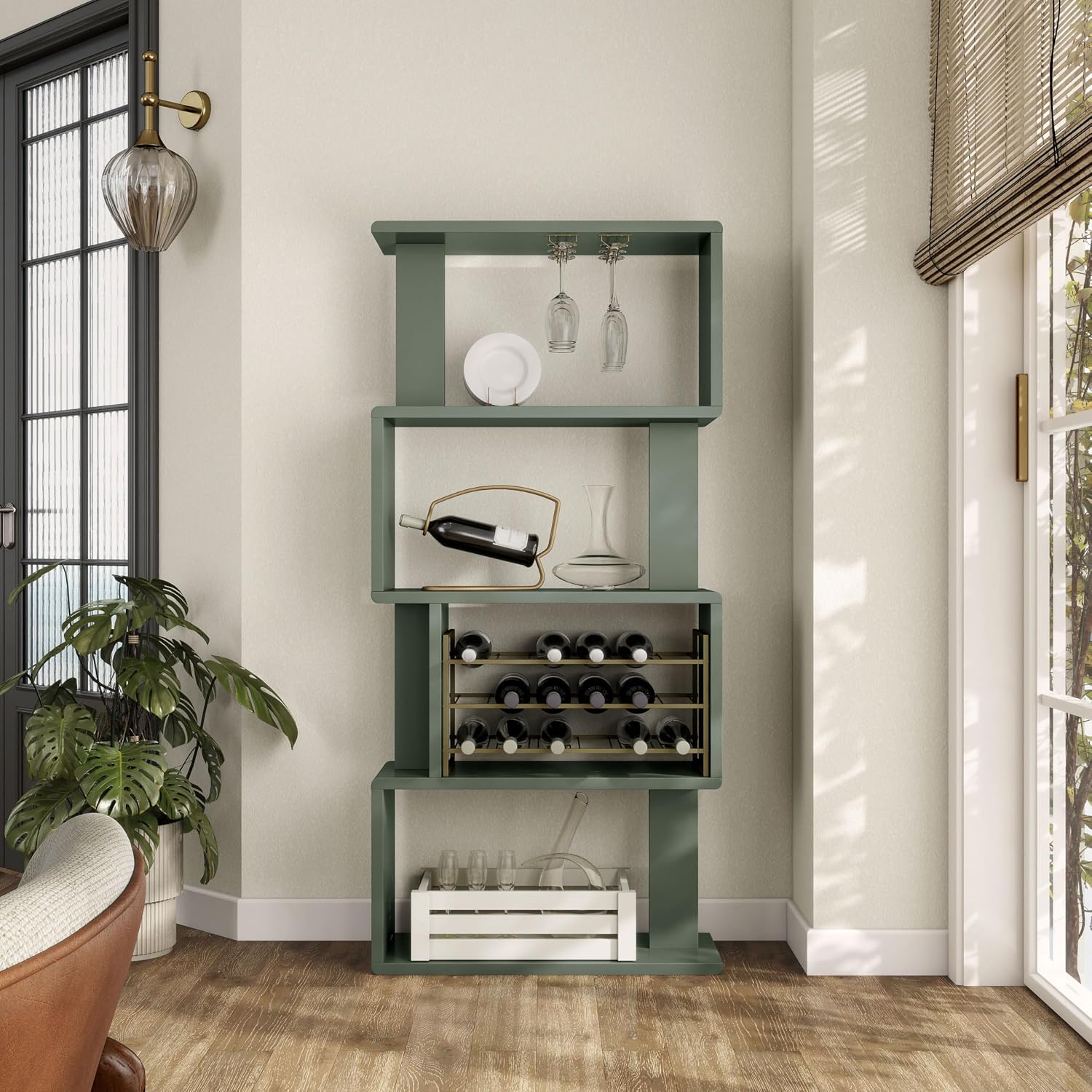 Homes: Inside + Out Rucks Modern Wood Wine Cabinet with Storage Open Shelves, Removable Bottle Holder and Stemware Rack, Bar Hutch for Kitchen, Living Room, Dining Room, Sage Green