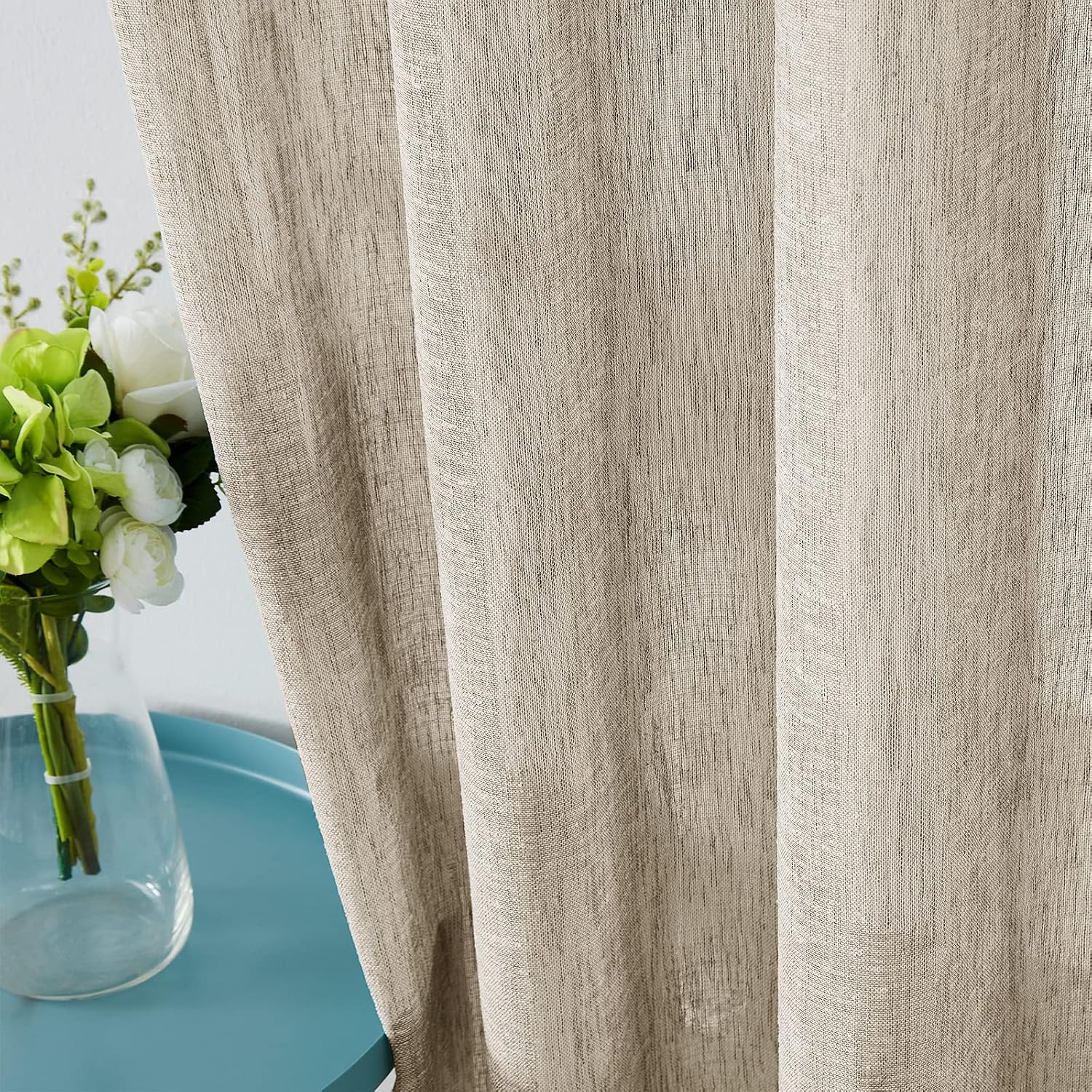 Melodieux Tan Linen Sheer Curtains 84 Inches Long for Bedroom, Living Room Natural Flax Textured Light Filtering Rod Pocket Burlap Sheer Voile Drapes, 52x84 Inch, 2 Panels