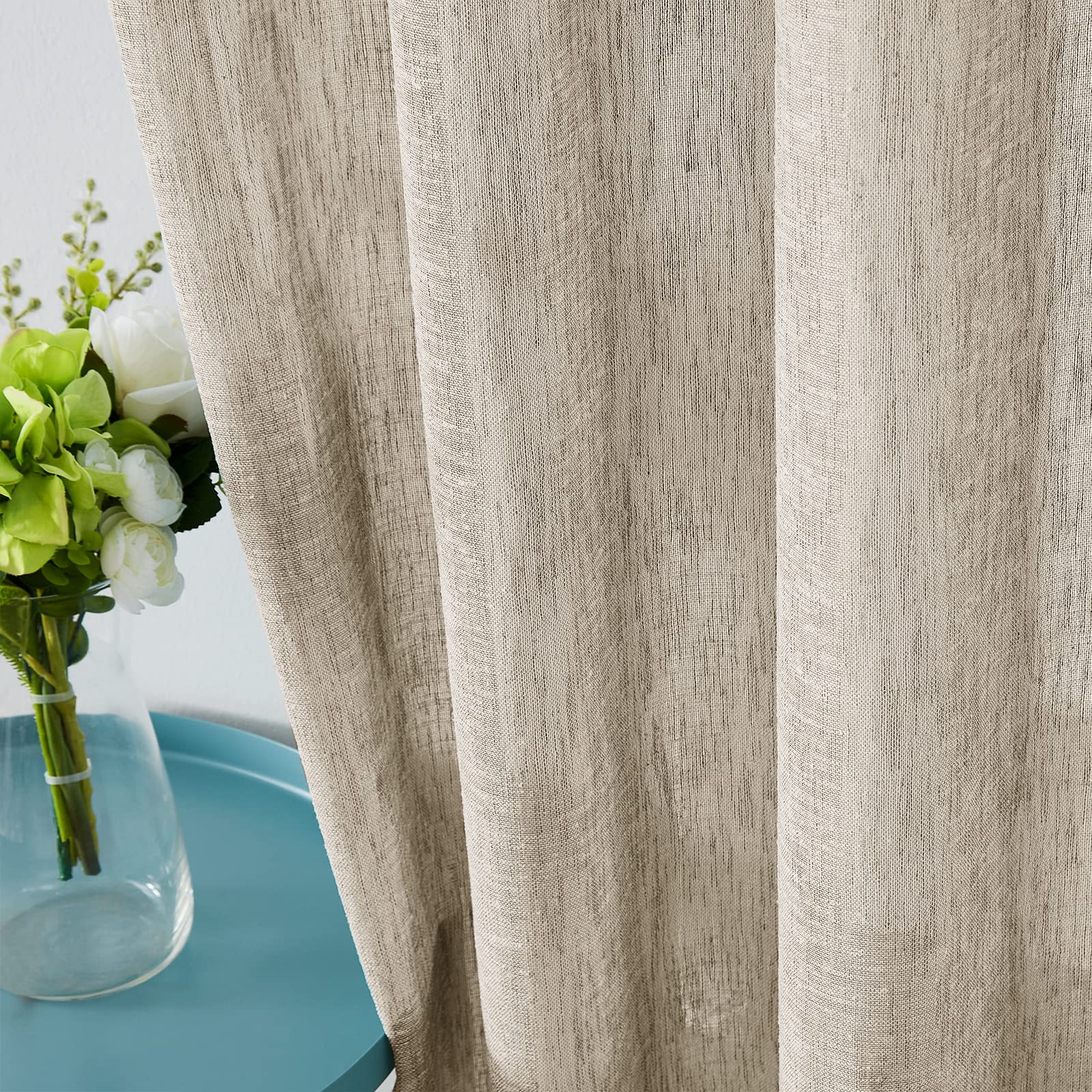 Melodieux Tende velate in lino rustico, lunghe 240 cm, per soggiorno e camera da letto, tessuto in lino naturale, con tasca per asta, 132 x 248 cm, marrone chiaro (2 pannelli)