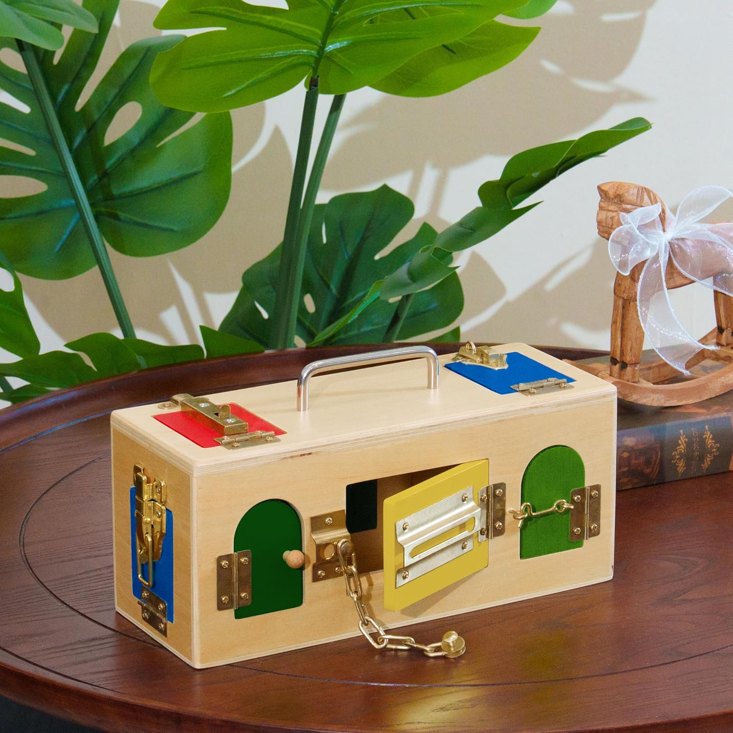 Premium Montessori Lock Box – Wooden Lock Exercises Board, 10-in-1 Practical Life Activity Box with 10 Different Locks & Latches, Fine Motor Skills Toy,Problem Solving, Homeschool Classroom Ages 3-6