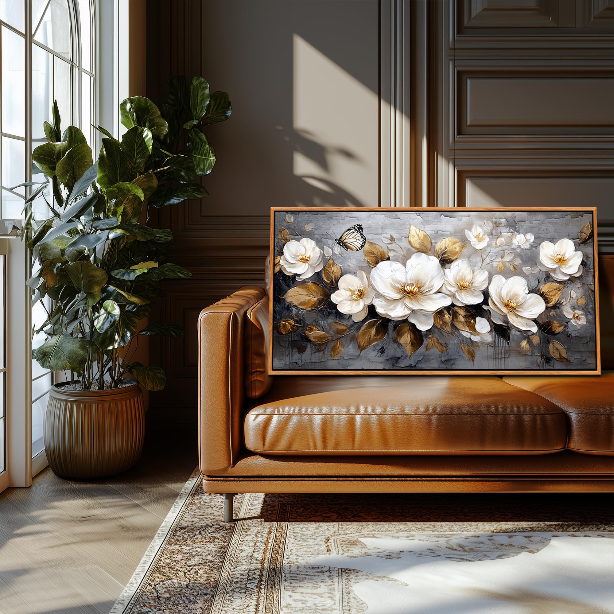 hyidecorart Goldene Blumen Leinwand Bild mit Rahmen Holz, 60x120 cm XXL Wandbilder Wohnzimmer Modern Bilder, Wanddeko Aesthetic Schlafzimmer Badezimmer Kunst Büro Zimmer Esszimmer