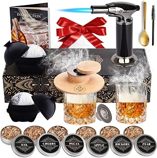 Whiskey Smoker Kit - Cocktail Smoker Kit with Torch, 2 Whiskey Glasses, 2 Ice Ball Makers, 6 Flavors Wood Chips - Old Fashioned Smokers - Bourbon Drink Smoking Set - Whiskey Accessories Gifts for Men
