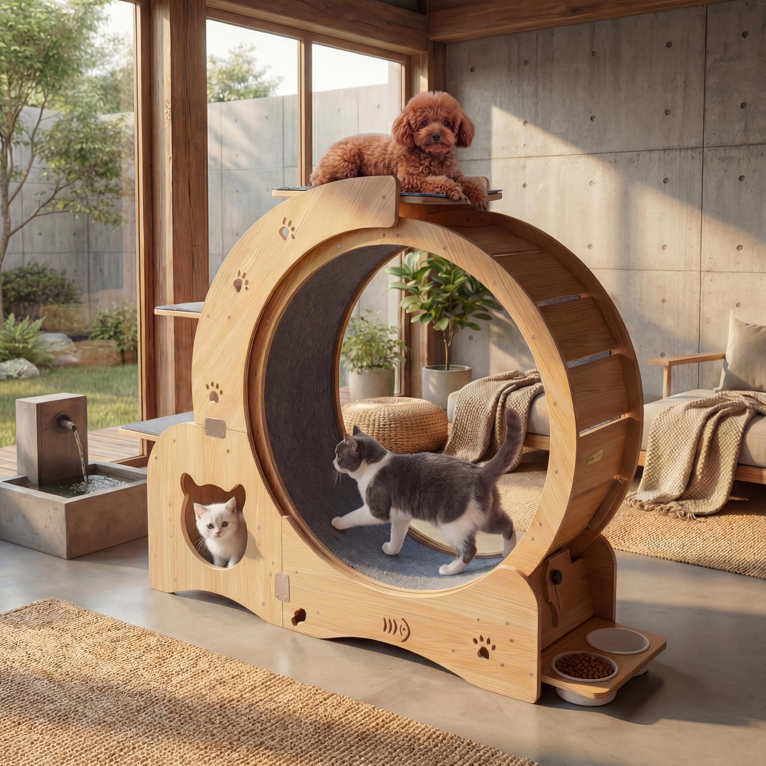 Rueda de Ejercicio para Gatos de Madera Maciza 5 en 1 (100cm) con Casita Integrada, Rascador, Plataformas y Cuencos – Cinta de Correr Silenciosa y Estable para Gatos Grandes y Perros Pequeños