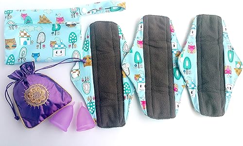 Kit de inicio menstrual - 3 almohadillas de tela de carbón de bambú reutilizables, 2 tazas menstruales, 1 bolsa sedosa y 1 bolsa húmeda