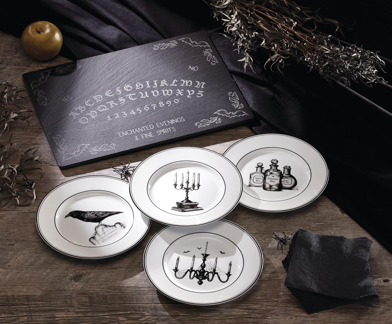 Lenox Dinnerware Set, Vintage Halloween 4-Piece Dessert Plate Set, Assorted, Set of 4 Ivory Porcelain Plates, Dishwasher Safe, Halloween Decor Indoor, Party Table Decorations (Black/White, 4 Piece)