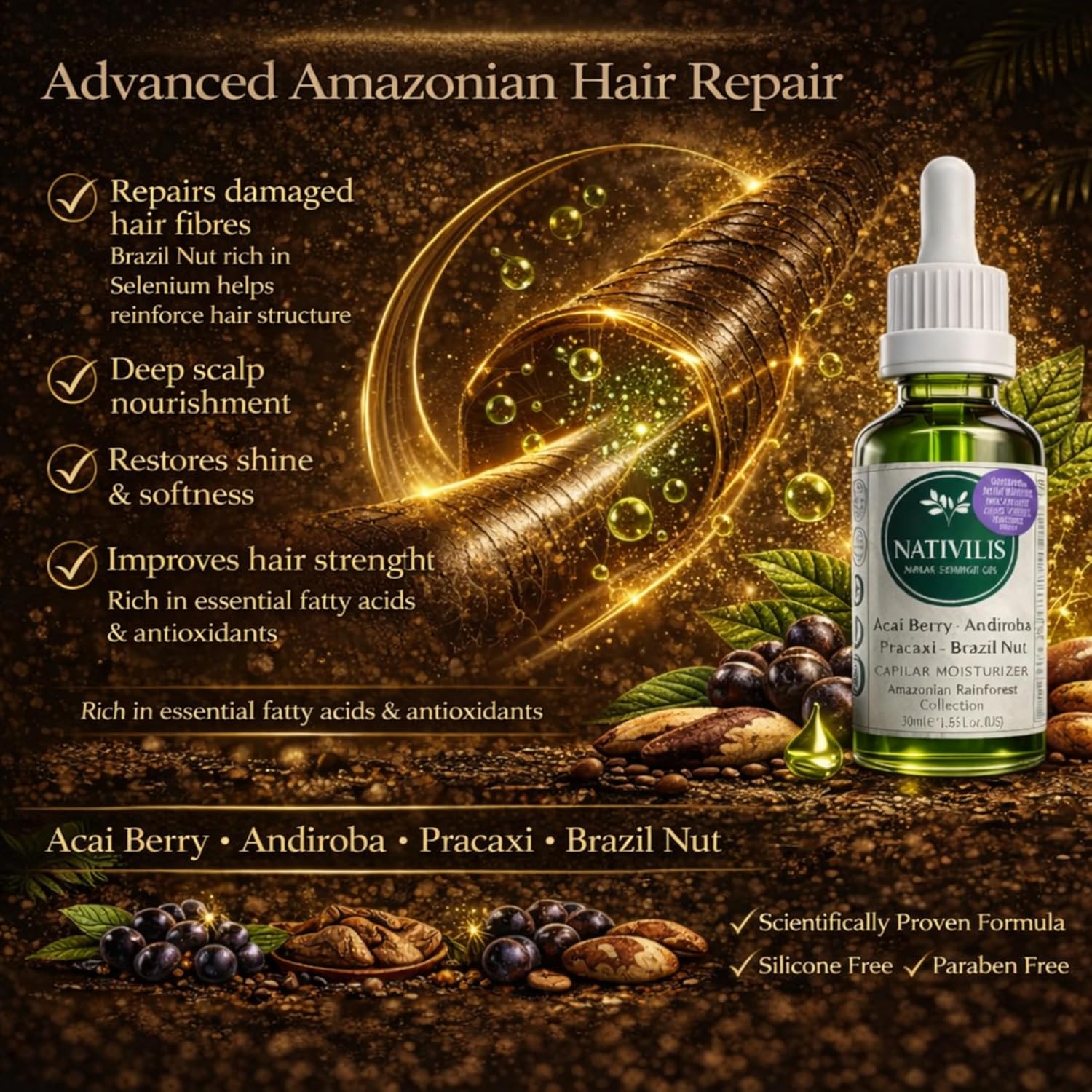 Nativilis Hair Moisturising Oil Blend with Acai, Andiroba, Pracaxi & Brazil Nut Oils – Lightweight Leave-In Treatment for Dry & Frizzy Hair – 30ml