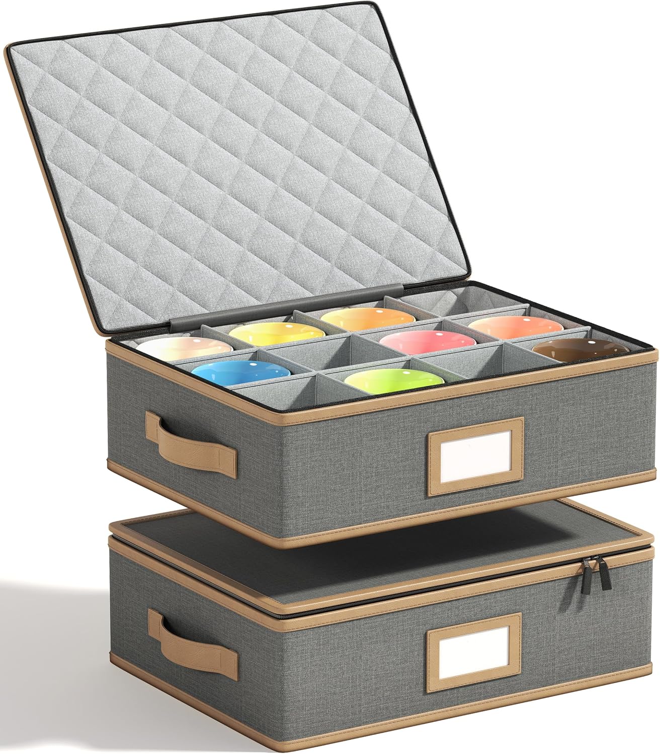 Mug Storage Box, Hard Shell China Organizer with Dividers, Gray, 2 Pack