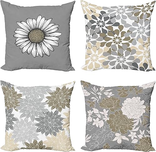 Ambesonne Juego de 4 fundas de cojín florales con diseño de pétalos de flores, paleta de colores modernos, estampado de manzanilla, peonía, dalia y