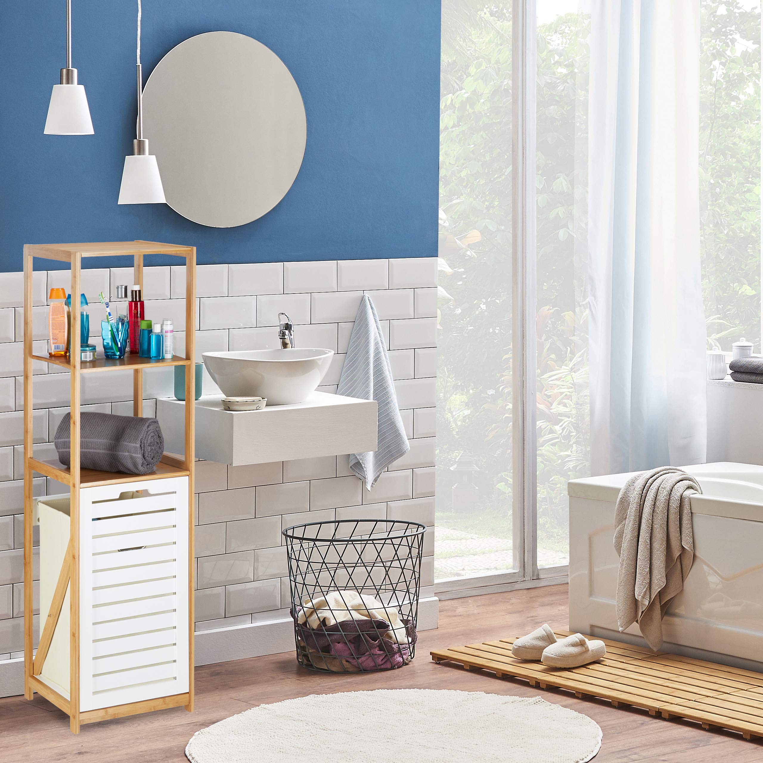 Relaxdays Scaffale a Colonna per il Bagno con Cestino Portabiancheria, Bambù, 3 Ripiani, HxLxP 130 x 37 x 33 cm, Marrone