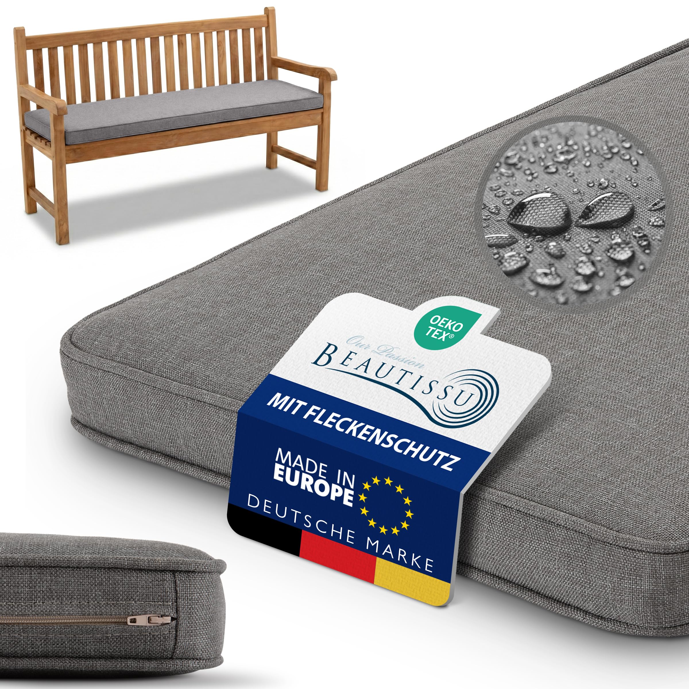 Beautissu Bankauflage Outdoor 110x50 cm Bankkissen Wetterfest - UV-Beständig Pflegeleicht Gartenbank Sitzkissen waschbar – 5cm dick Bankpolster Bezug abnehmbar Gartenmöbel Hellgrau – Calme BK