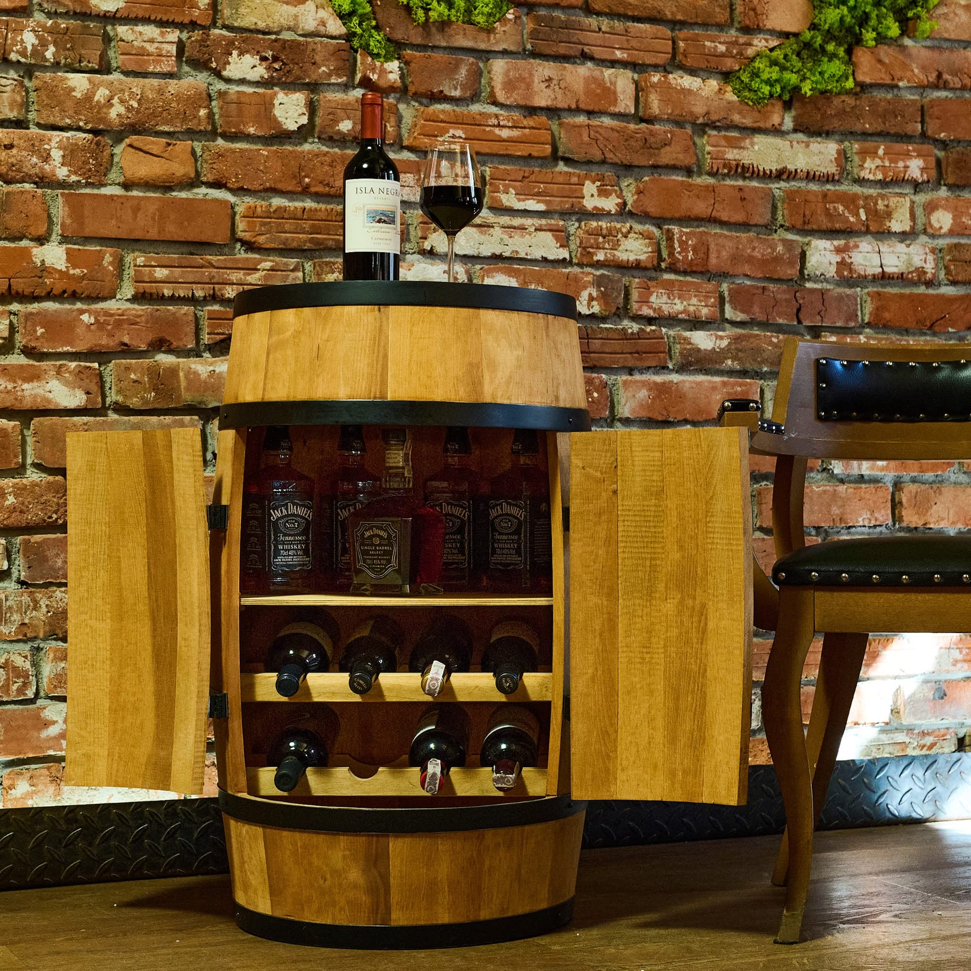 CREATIVE COOPER Tonneau à vin avec porte, chaise longue et étagère - Armoire à alcool - Étagère à bouteilles - Tonneau en bois - Meuble à vin - Étagère à vin - Casier à vin - 80 cm - Chêne