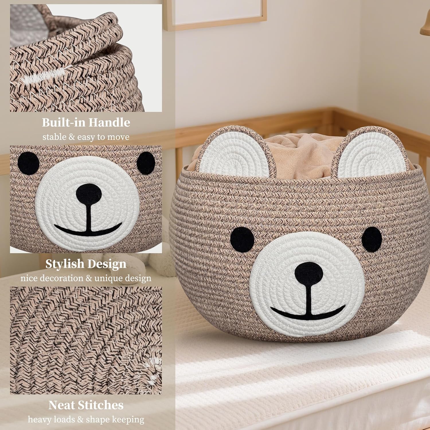 Baby Basket for Nursery - Bear Gift Baskets Empty for Kids Baby Shower Baskets for Toys Diaper Caddy Small Woven Rope Storage Basket for Home Décor Easter basket Light Brown, 16" D x 11" H - Image 7