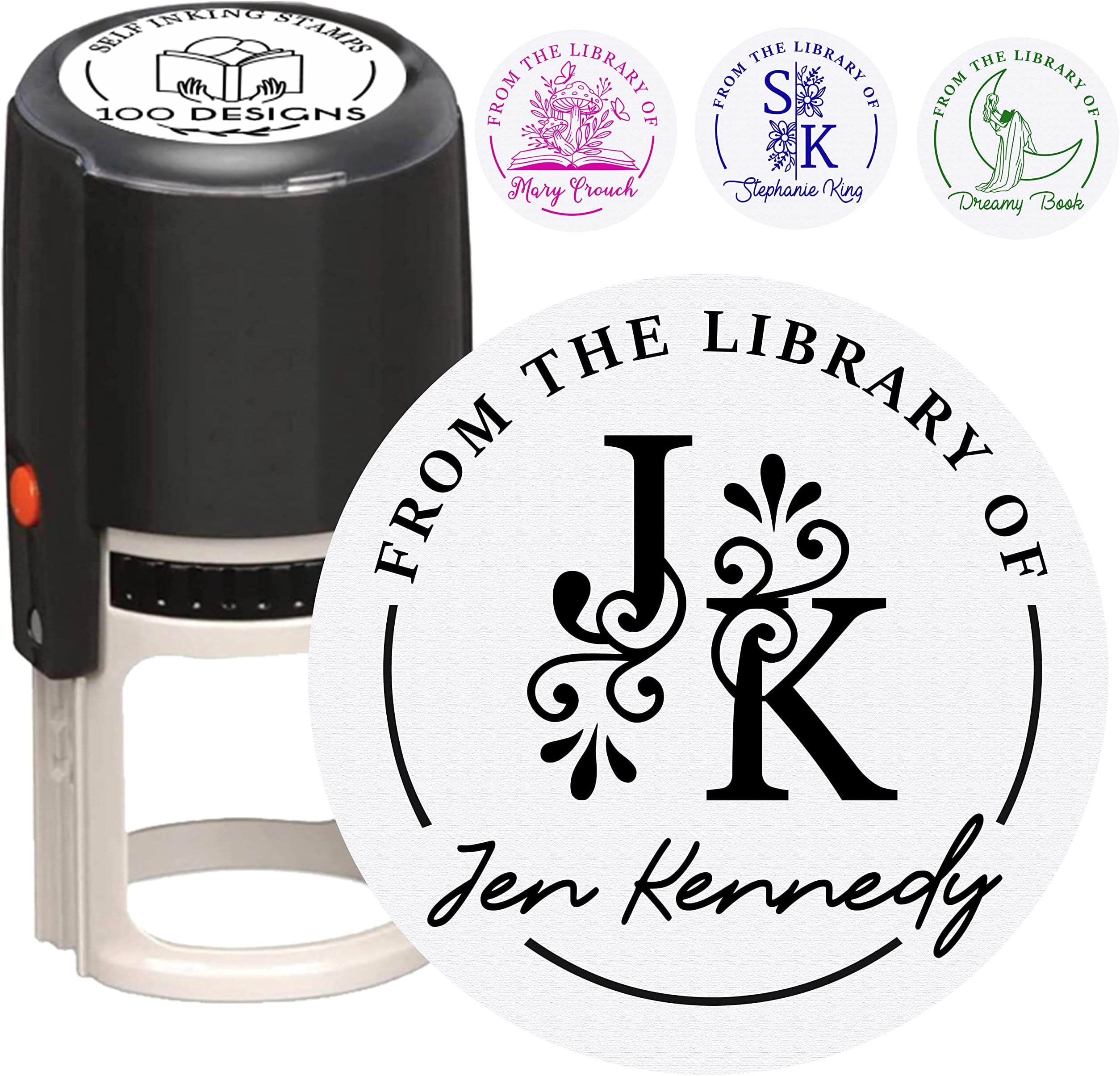 Beautiful Personalized Library Book Stamp with Ink. Reading on Moon with Stars, Flowers Growing Out of Books, Custom Monogram. Great Teacher Gift for The Classroom (1 5/8" Self Ink Stamper)