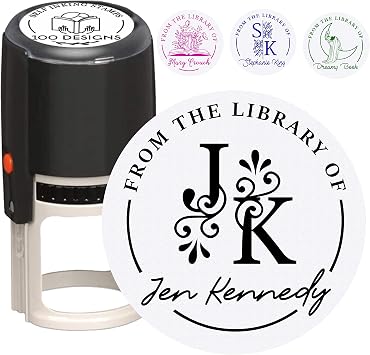 Beautiful Personalized Library Book Stamp with Ink. Reading on Moon with Stars, Flowers Growing Out of Books, Custom Monogram. Great Teacher Gift for The Classroom 1 5/8" Self Ink Stamper