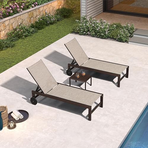 PURPLE LEAF Outdoor Chaise Lounge Chair Set of 2, Pool Lounge Chairs for Outside, Bronze Aluminum Patio Chairs with Adjustable Backrest and Wheels, Includes Side Table for Deck, Lawn, Garden, Beige