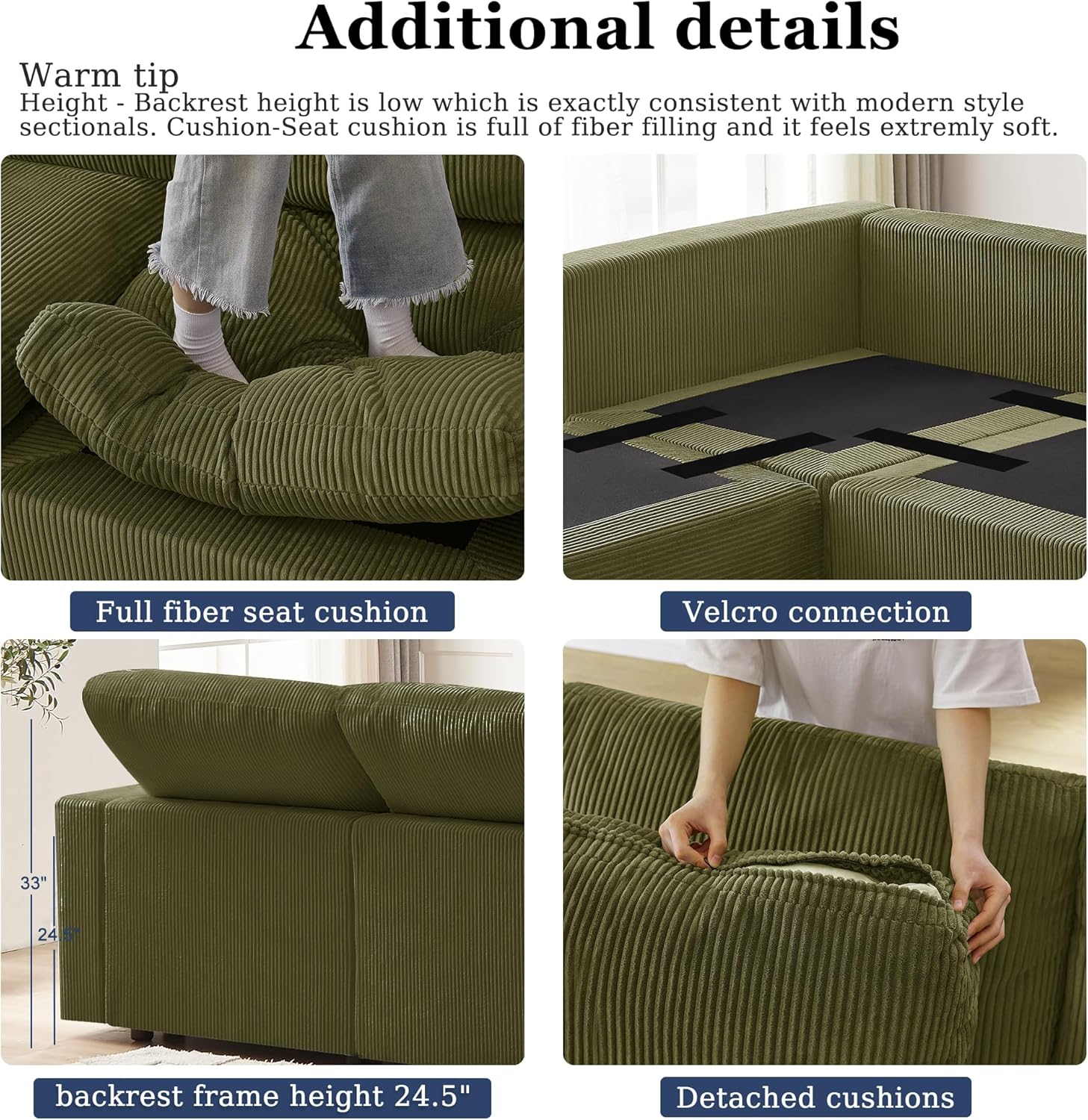 Oversized Comfy Moveable Ottoman Extra Cozy Sectional w/overstuffed Cushion,Cloud Sofa with Corduroy Fabric for Living Room,Apartment (Green, 35.5" Ottoman)