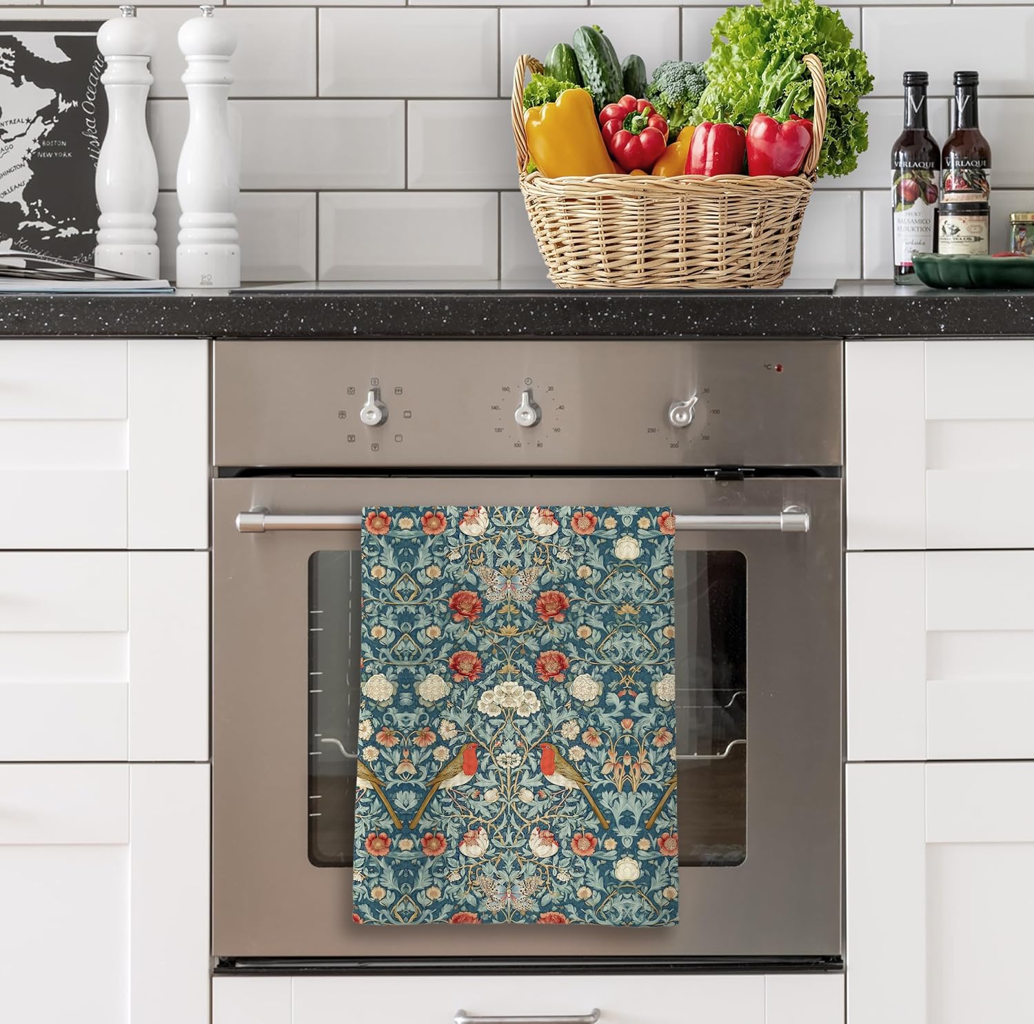 Robin Bird Floral Kitchen Towels,William Morris Vintage Botanical Four Seasons Hand Towels Decorative Hand Tea Towel for Bathroom Baking Cooking Cleaning Holiday Party Supplies 16x24 Inch image 3